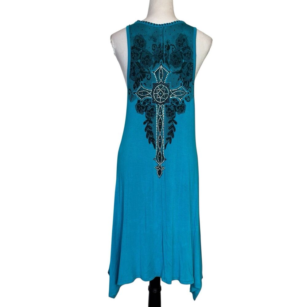 Vocal Teal Sleeveless Cross & Rose Studded High-Low dress - Picture 2 of 9